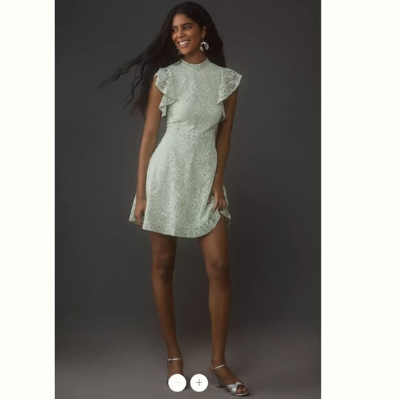 MAEVE Lace & Ruffle Sleeve Mini Dress in Moss/Sea Green, Size L, NWT - Picture 2 of 12